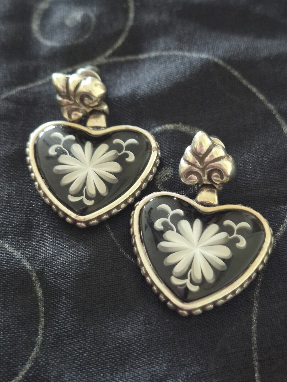 Retired Brighton Water Lily Heart Earrings Black
